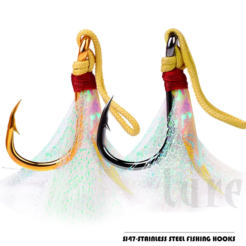 

5pcs/lot Gold and Black 2 Colors Stainless Steel Fishing Hooks Saltwater Fishing Hooks with Pink Feather 1/0-11/0 JIGGING HOOKS