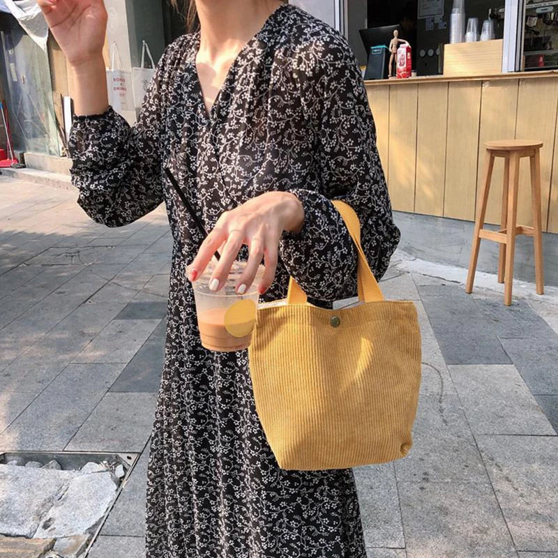 

Fashion Hand-Held Mini Corduroy Bag Solid Color Shopping Handbags Ladies Vintage Tote Casual Shoulder Bucket Bag 8 Color