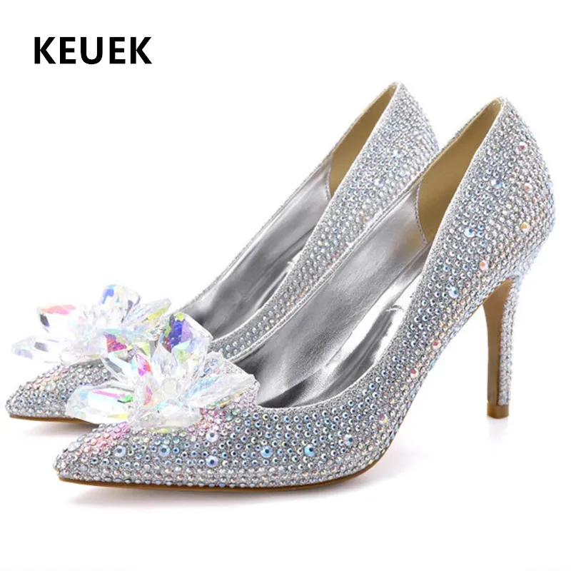 

Women Crystal Shoes Pointed Toe Thin Heels Shallow Mouth Female High-heeled Shoes Silver Rhinestone Wedding Shoes 02A