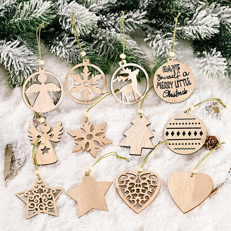 

12pcs/box Christmas Wooden Pendants Xmas Tree Hanging Ornaments DIY Wood Crafts For Home Christmas Party New Year Decorations