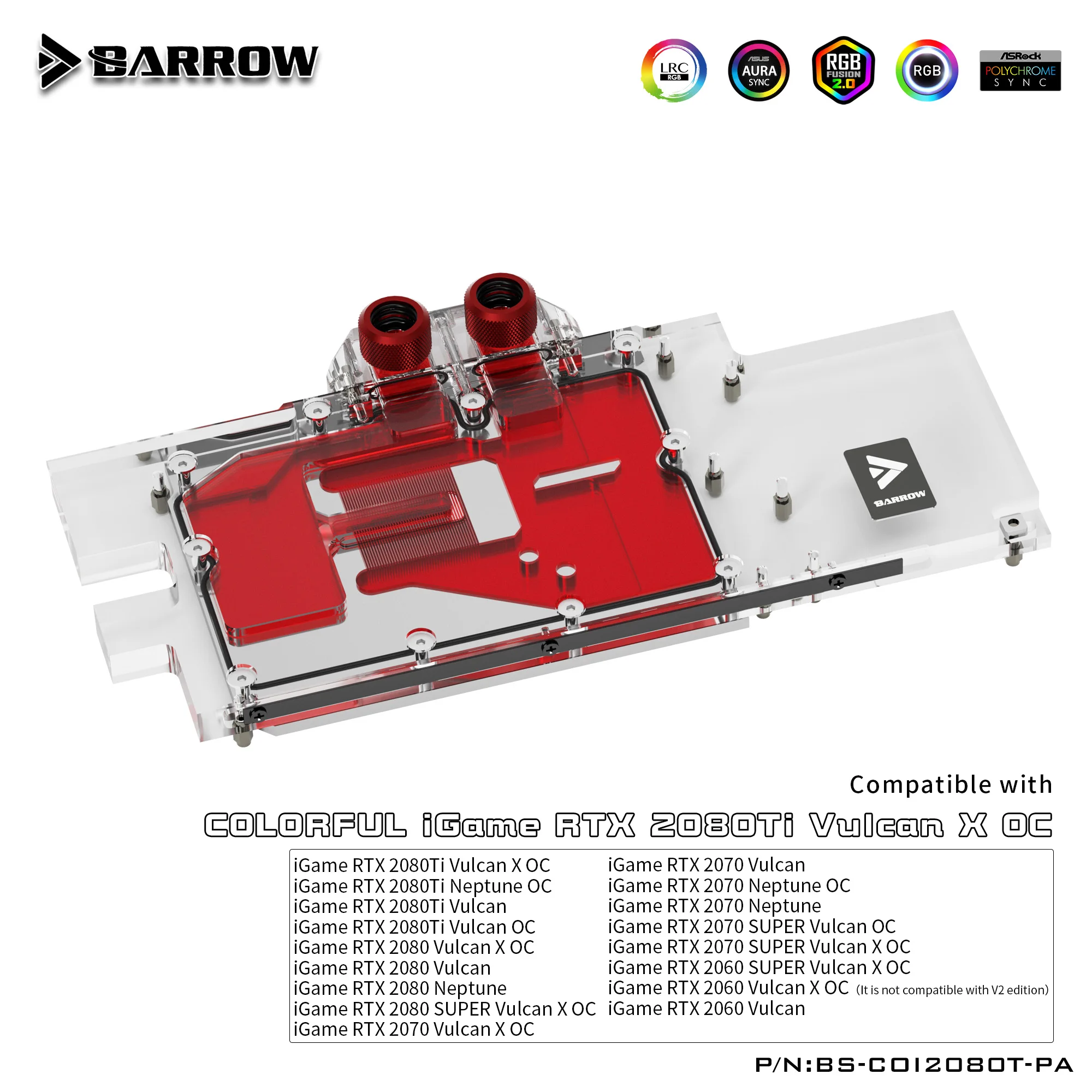 Водяной блок BARROW для красочных игр RTX2080 Ti Vulcan X OC / RTX2070 Нептун/RTX2060 штыревой разъем