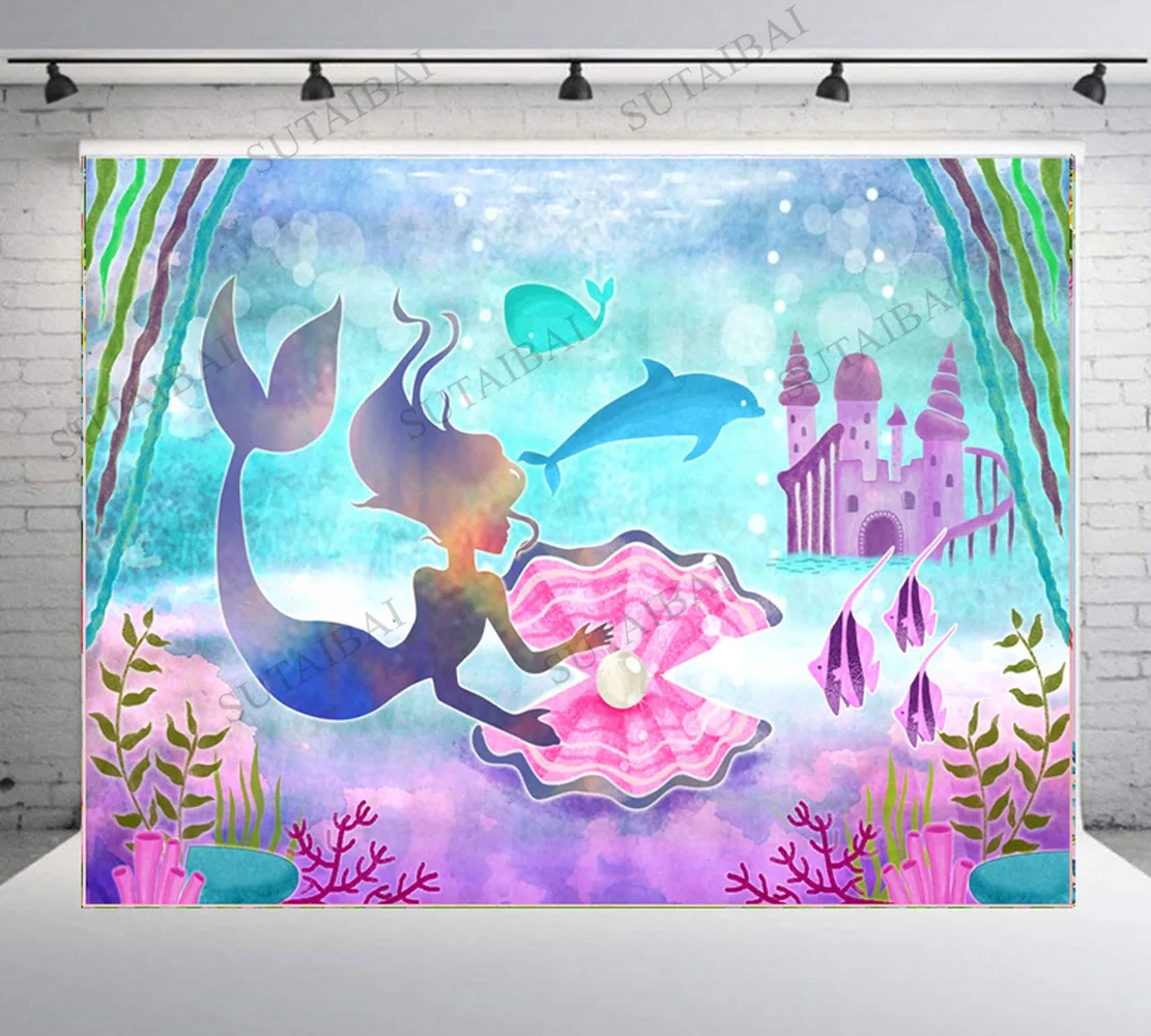 

Фон для фотосъемки с изображением маленькой Русалочки замка подводного дня рождения ракушки жемчужный фон для студийной фотосъемки реквиз...