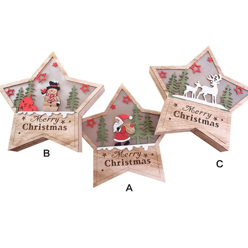 Lighting Christmas Wooden Ornament LED Stars Shape Santa Claus Deer Decor Lamp Xmas Gift