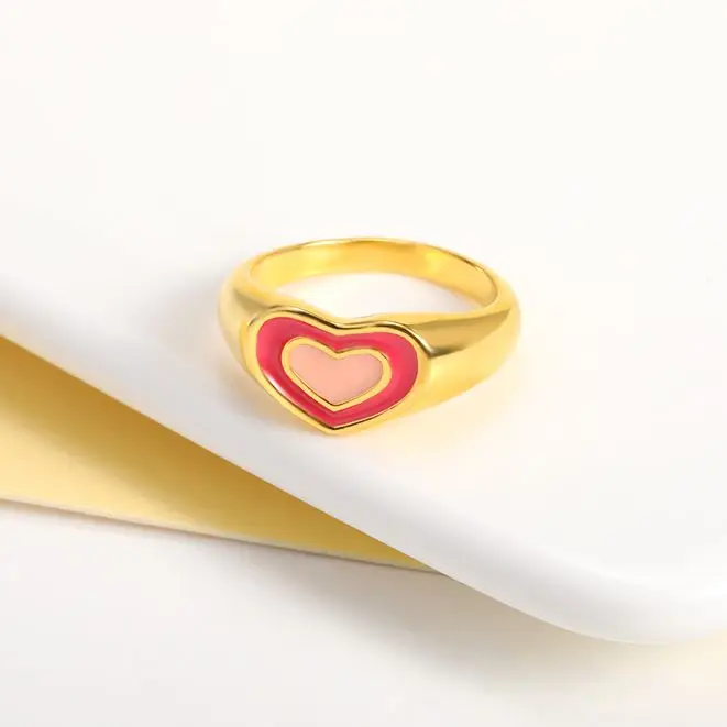 

2021 Trendy Korean Vintage Double Layer Heart Enamel Ring for Women Dripping Oil Color Contrast Heart Metal Rings Couple Jewelry