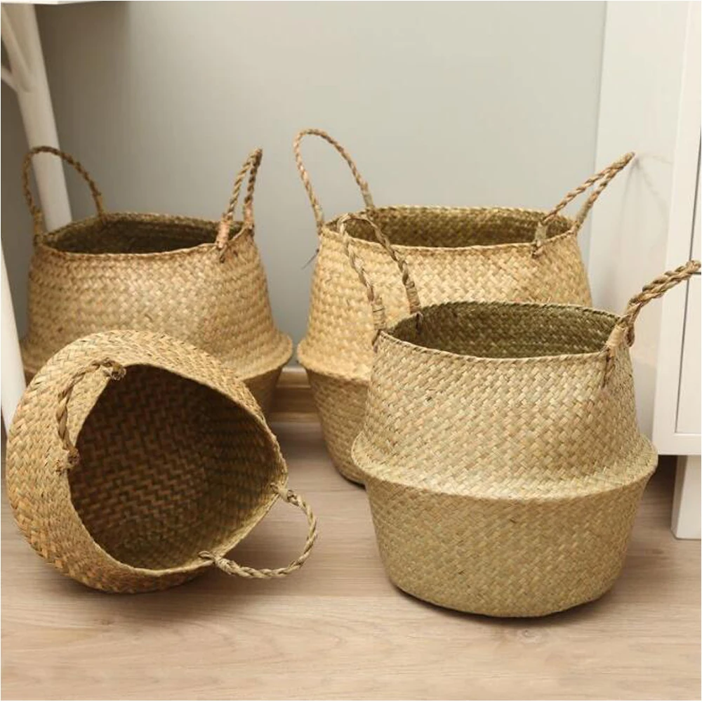 

Seaweed Flower Woven Basket Pot Simple Creative Rattan Belly Basket Foldable Storage Basket Can Be Used For Flower Arrangement