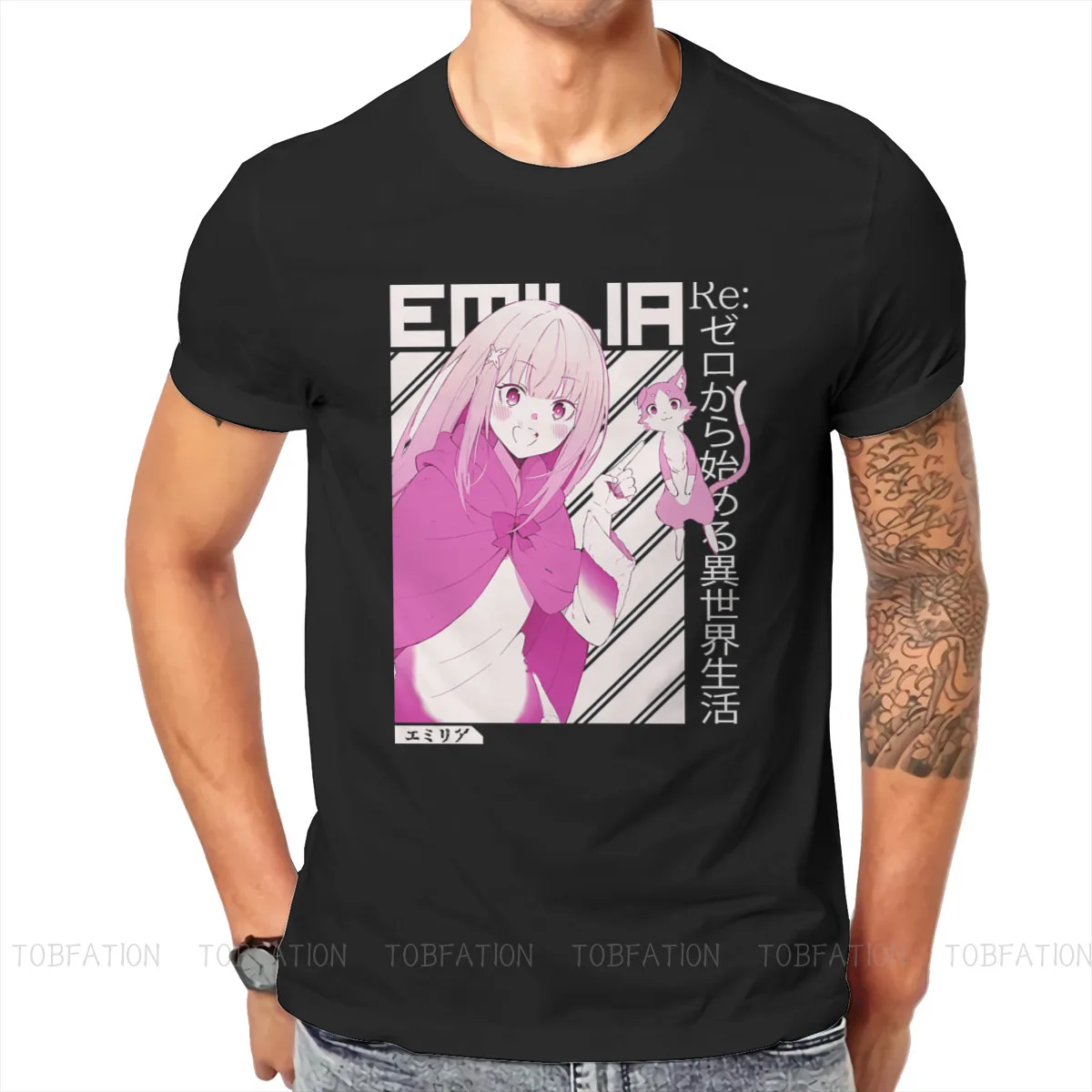 

Розовая футболка Emilia Puck с круглым вырезом Re Zero Субару Нацуки ткань Emilia Rem оригинальная мужская одежда