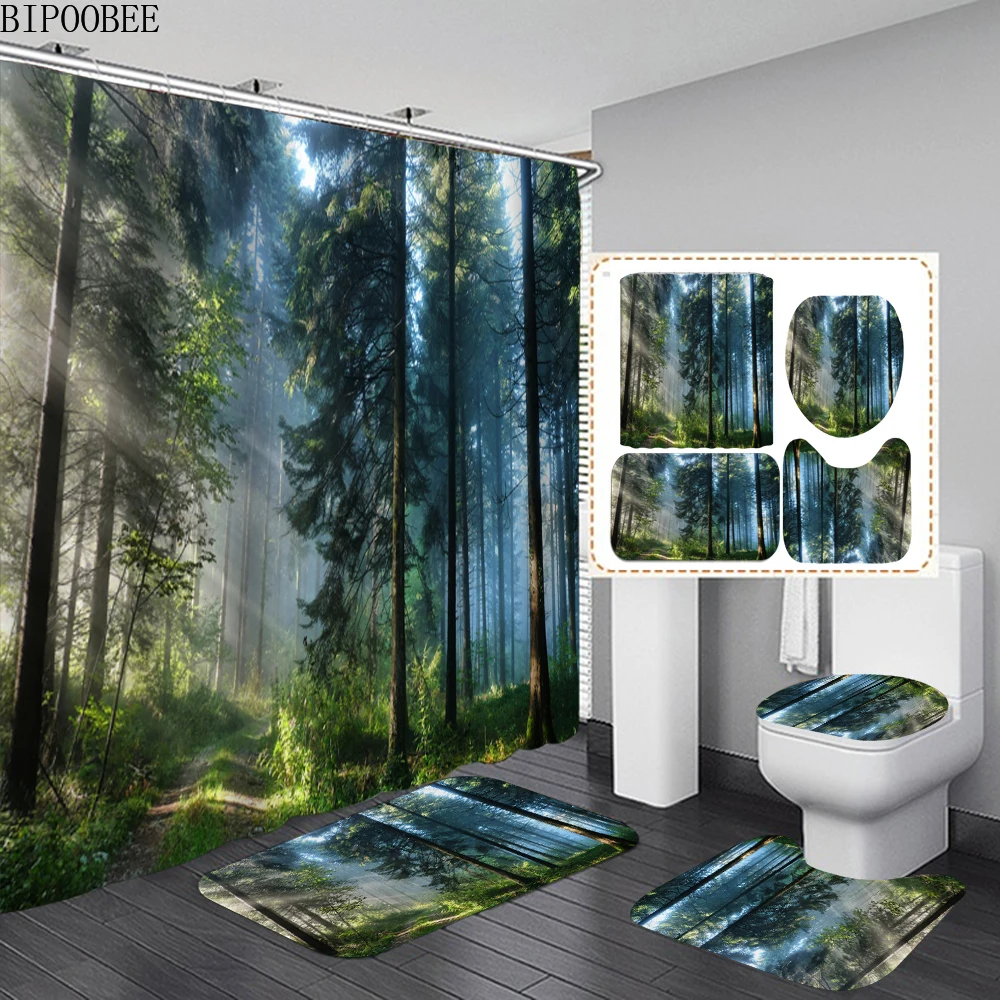 Лесные деревья растения занавески для ванной комнаты душа с природным пейзажем