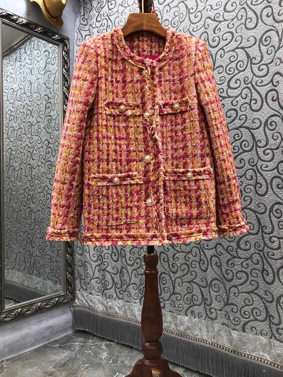 

2021 new women fashion round neck symmetrical pockets with bead button decoration woven long-sleeved woolen coat 1021