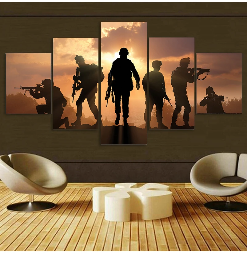 HD Printed 5 Piece Patriotic US military Painting soldiers Canvas with army Sunset Wall Pictures for Living Room battlefield - купить по