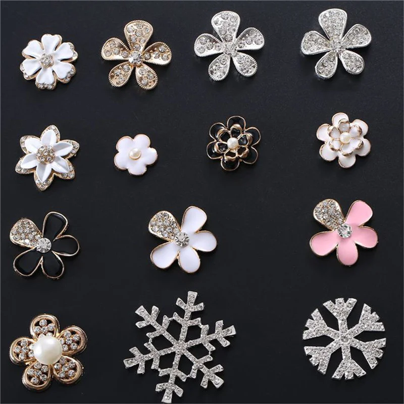 

5PCS Enamel Flower Snowflake Cabochons With Rhinestone Alloy Flatback For Jewelry Making Findings Phone Case Hole Shoes Decor