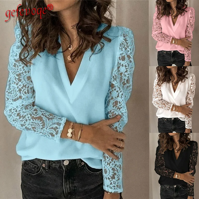 

Women's Clothing Loose Pullover V Neck Tee Shirts Ladies Casual Solid Lace Tshirts Fashion Long Sleeves Chiffon Plus Size Tops