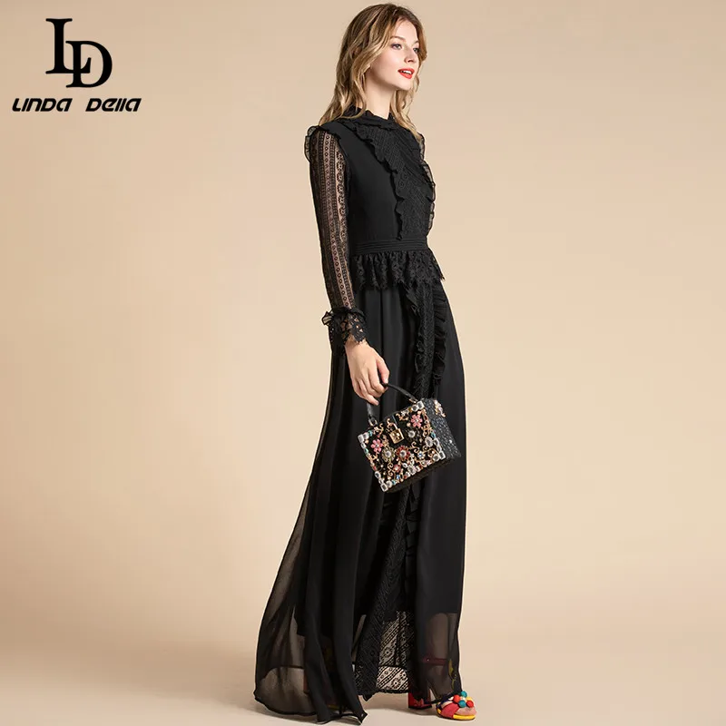 Женское длинное платье макси LD LINDA DELLA дизайнерское однотонное черное Сетчатое с