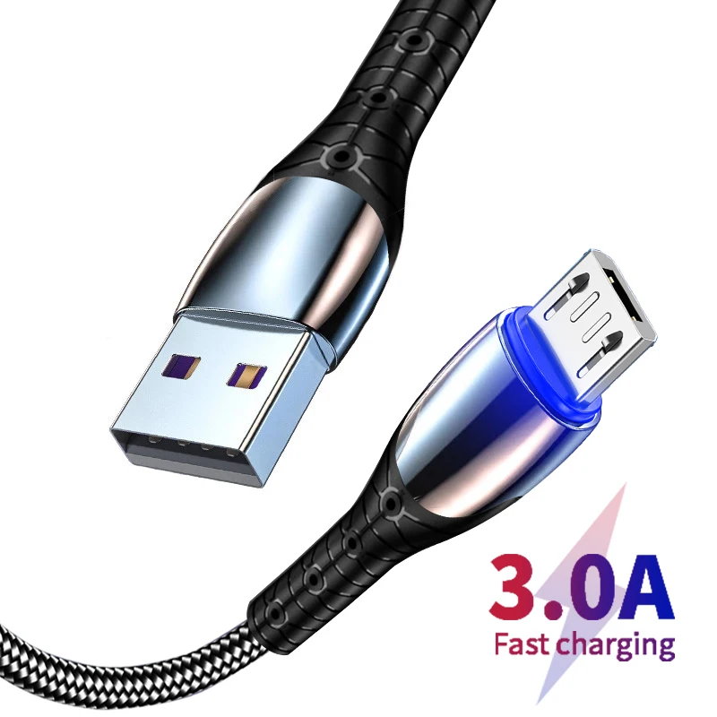 led micro usb cable 3a fast charging zinc alloy cable with light for xiaomi redmi note 5 pro samsung phone accessories data free global shipping