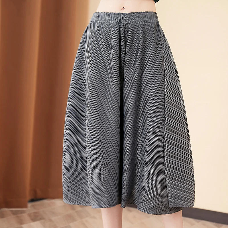 Woman Pants Plus Size Summer New Stretch Miyake Pleated Solid Color Elastic Waist Loose Casual Wide Leg Pants Female