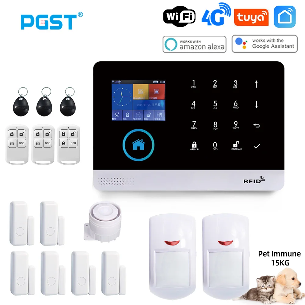 PGST PG103 Wifi 4G Tuya Alarm System With Pet Immune Motion Sensor IP Camera Wireless Smart Home Security Support Alexa EU Plug