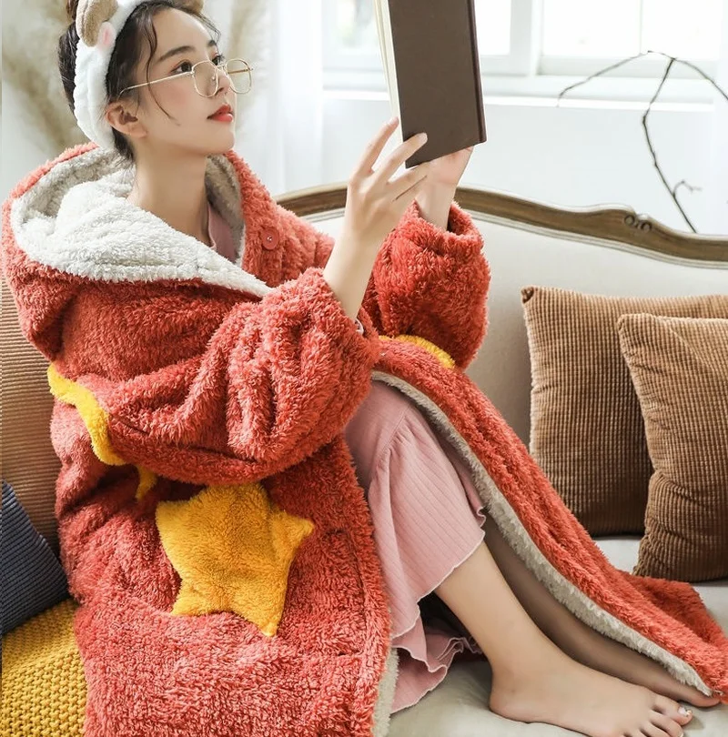 Winter pajamas homewer Oversized Hoodie Sweatshirt Fleece Blanket with Sleeve  Jacket Women Hooded Coat Plush Giant TV  Women