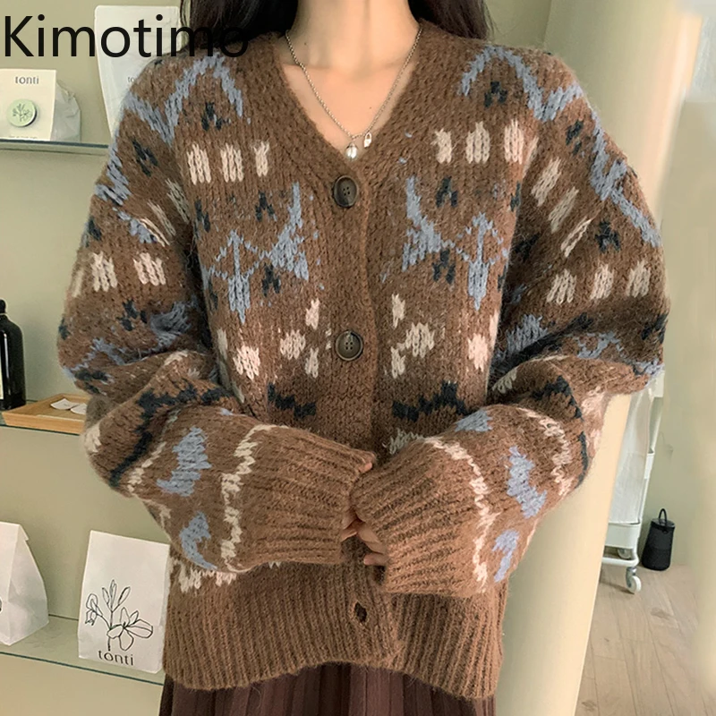 

Kimotimo жаккардовый вязаный кардиган для женщин Корейский шикарный дизайнерский свитер с V-образным вырезом пальто осень зима ретро с длинным ...