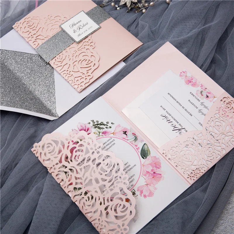 

(50 pieces/lot) Laser Cut Rose Wedding Invitations Tri-Fold Silver Glittery Customize Birthday Greeting Card RSVP Cards IC132