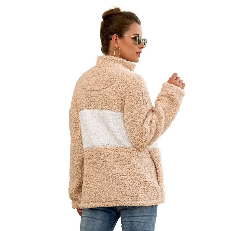 

Women's 2019 Autumn and Winter New Casual Zipper Pullover Fur Coat Patchwork Long Sleeve Plush Sweater Hoodies