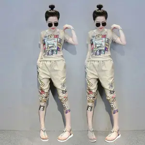 Спортивный костюм женский из 2 предметов, растягивающаяся блузка с надписью в стиле ретро, топ и штаны-шаровары, комплект одежды, NS715, весна-лето