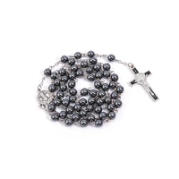 rosary long chain classic hematite 6mm christ jesus holy spirit rosary necklace hematite rosary jesus cross necklace