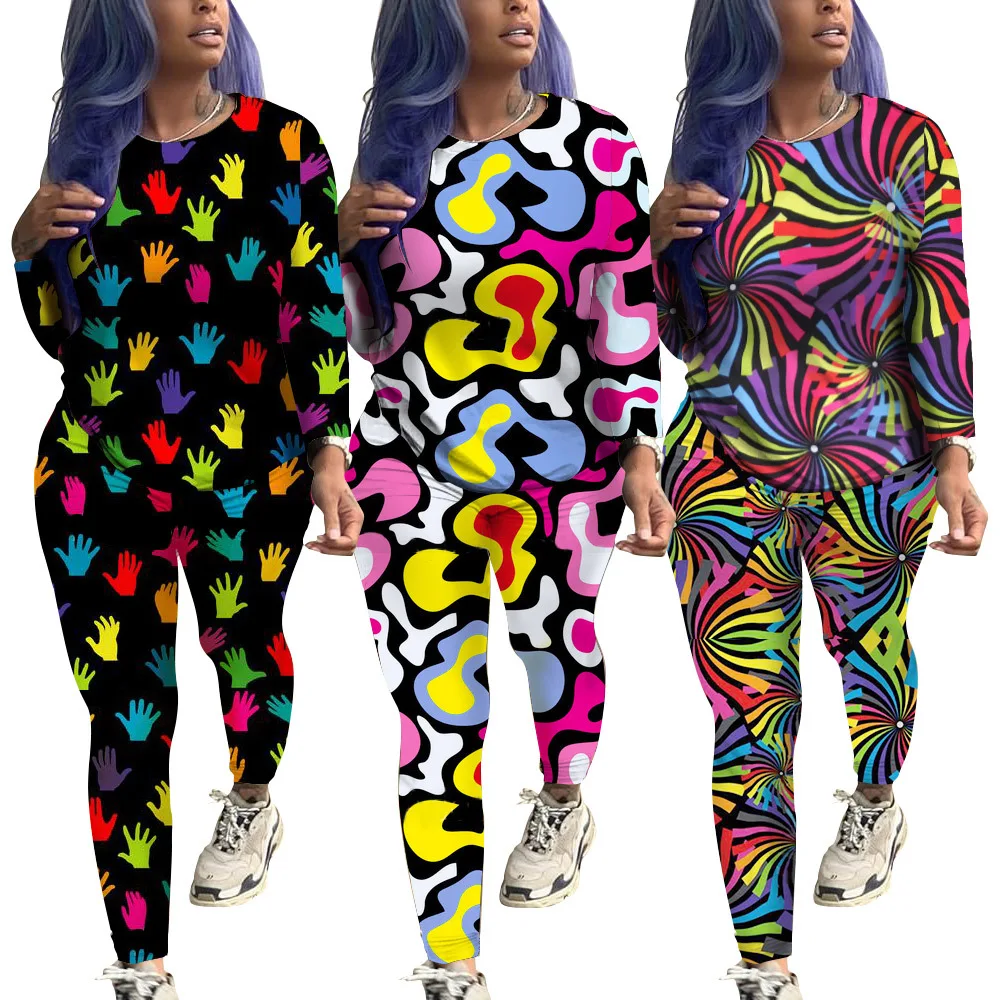 Осень ладони геометрический красочным принтом для женщин комплект из толстовки