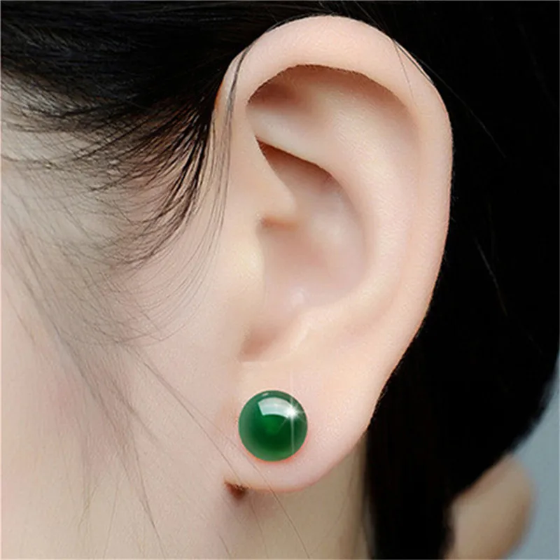 

Vintage Round Natural Green And Red Stone White-plated Stud Earrings For Women Jewelry