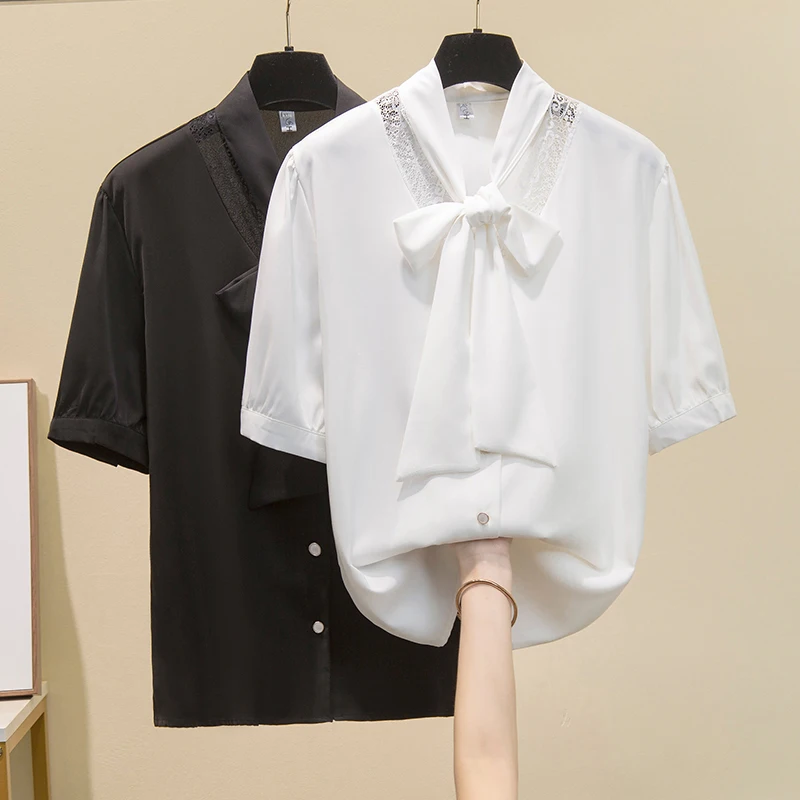 

Женская шифоновая блузка, Элегантная Лоскутная рубашка с коротким рукавом и бантом, Однотонная рубашка на шнуровке, Женские повседневные т...