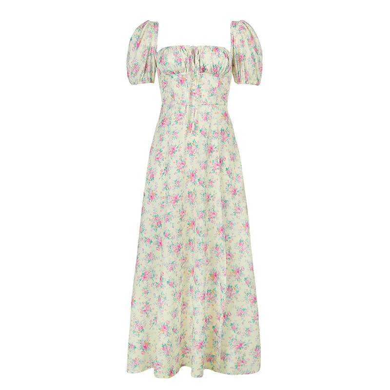 

Floral Print Puff Sleeve Vintage Long Dress Women Summer Split Side Elegant Maxi Dresses Ladies Summer Streetwear