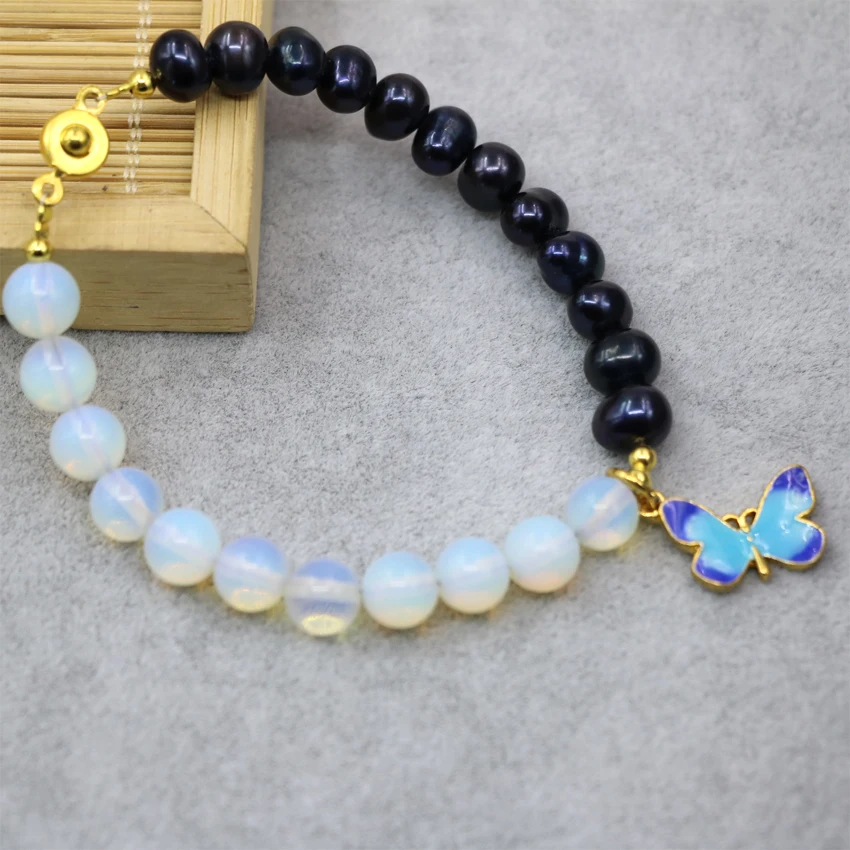 

Женские браслеты из натурального пресноводного жемчуга, круглые бусины из опала 8 мм 7-8 мм, 7,5 дюйма, B2932