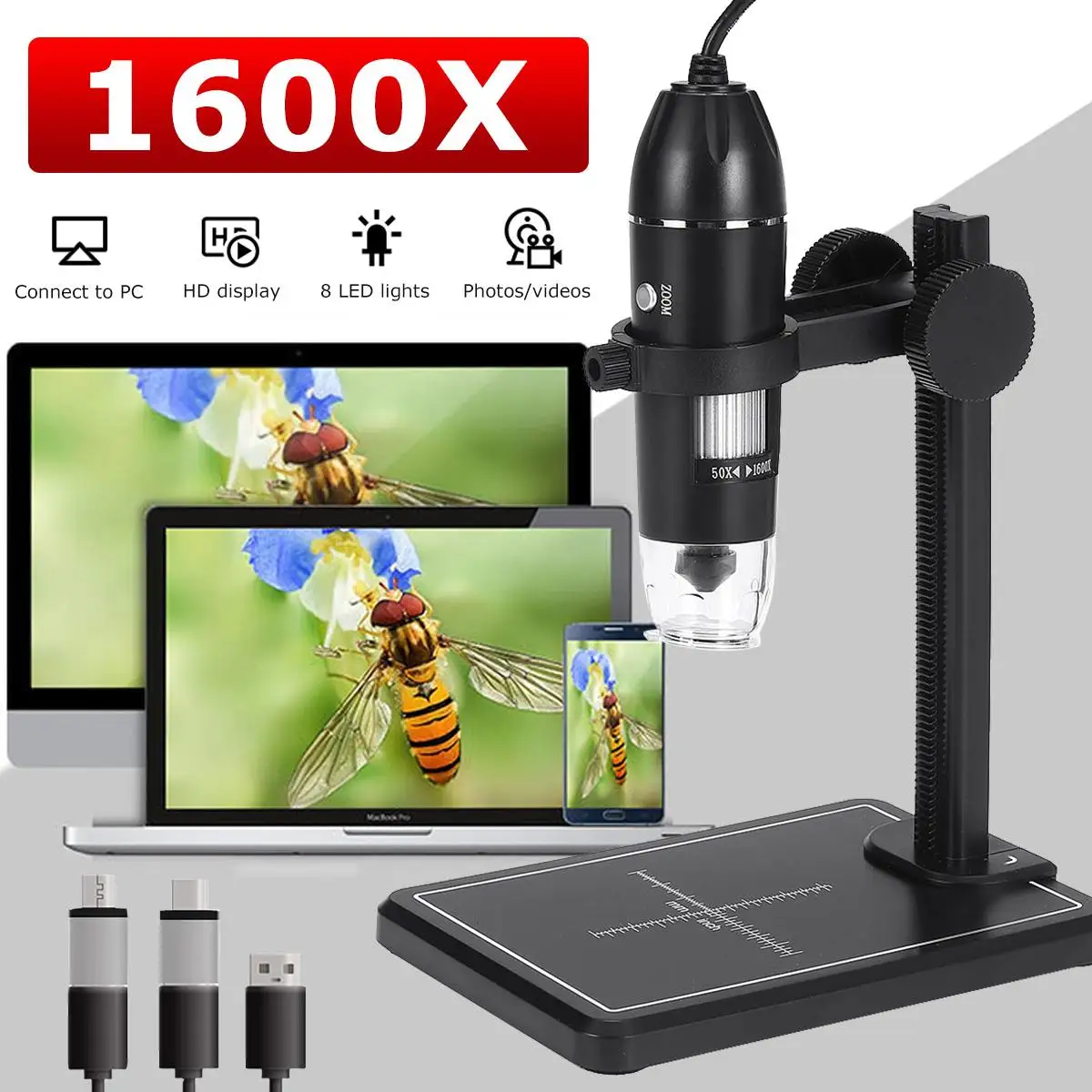 BUZHI 1600X USB Digital Microscope Camera Endoscope 8LED Magnifier with Hold Stand 
