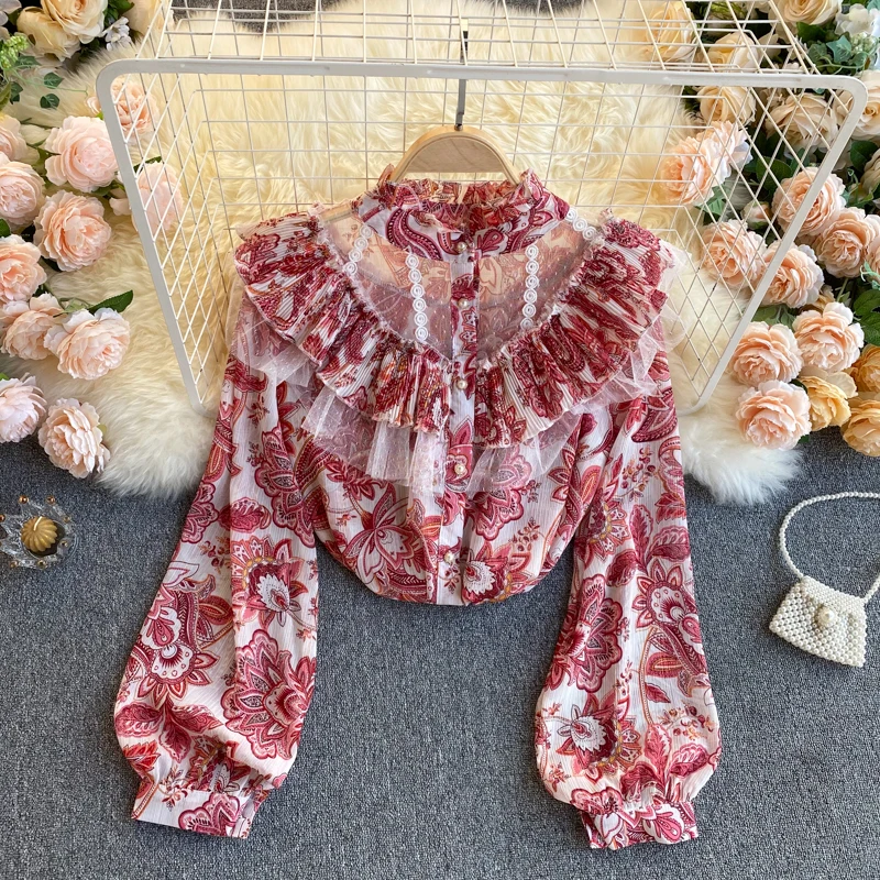 

Chiffon Long Sleeve Shirt women's sense of design niche mesh Ruffle stitching slim versatile bubble sleeve Floral Top
