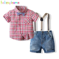 summer baby clothes toddler boy outfits fashion casual plaid cotton short sleeve t shirtdenim shorts children clothing bc2133