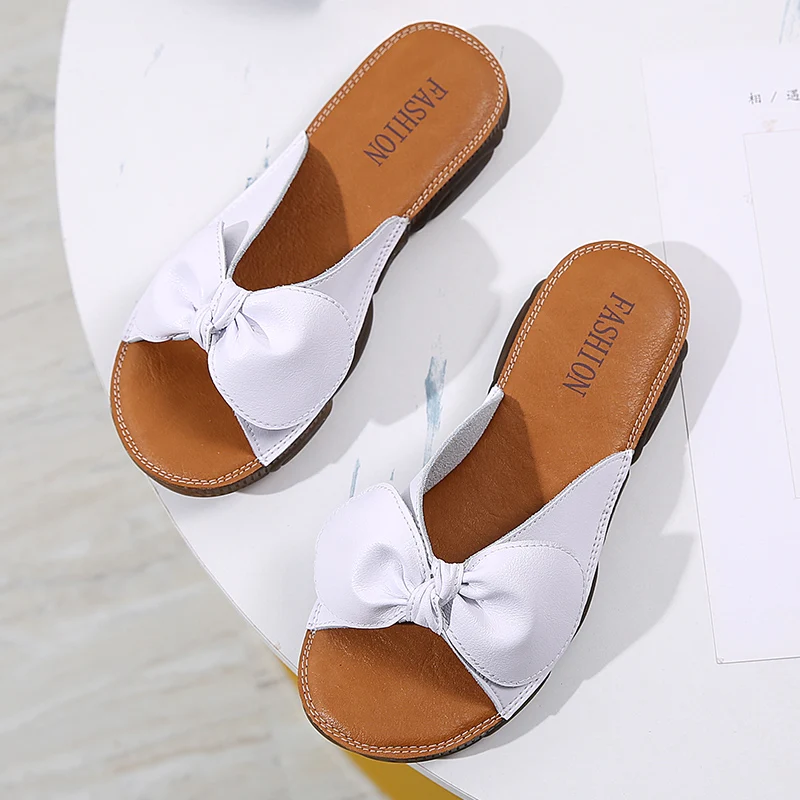 

Women'S Slippers Summer Fashion New Style Bowknot Soft Bottom Wide Foot Leather Wear-Resistant Women'S Slippers Size 35-40