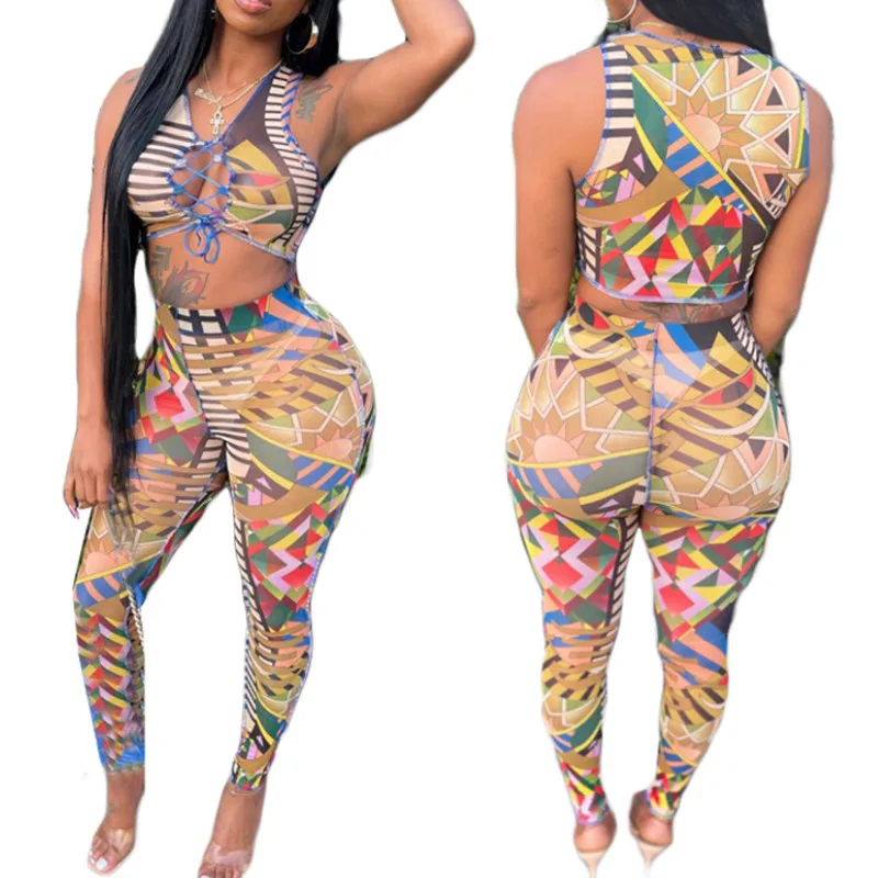 

Женский летний сетчатый комплект из 2 предметов, пикантный прозрачный топ без рукавов с принтом и V-образным вырезом и брюки для взрослых