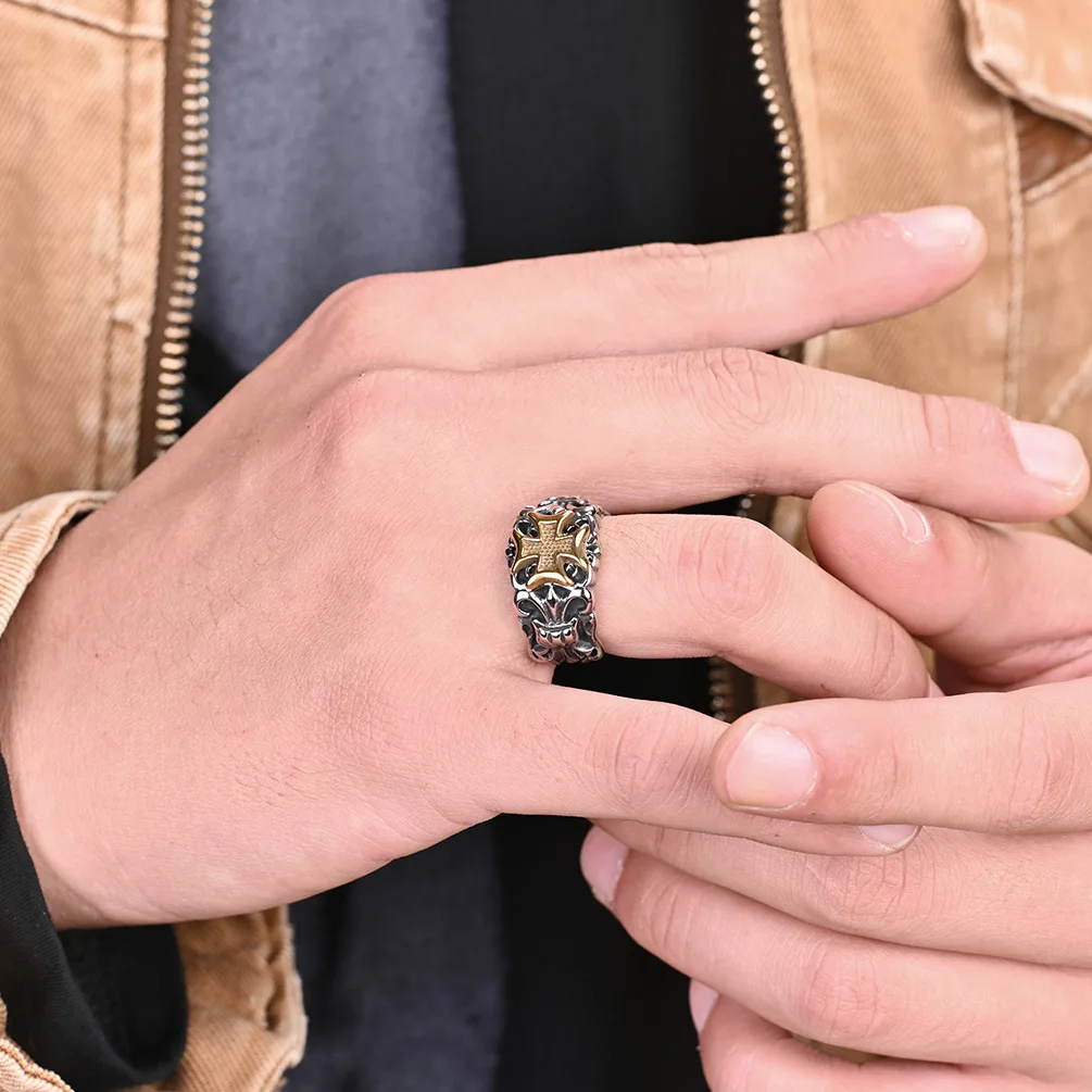 Модное металлическое кольцо в стиле панк с позолотой крестом и роком для мужчин