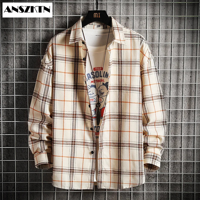 Мужская хлопковая рубашка Повседневная в шотландскую клетку с длинными рукавами