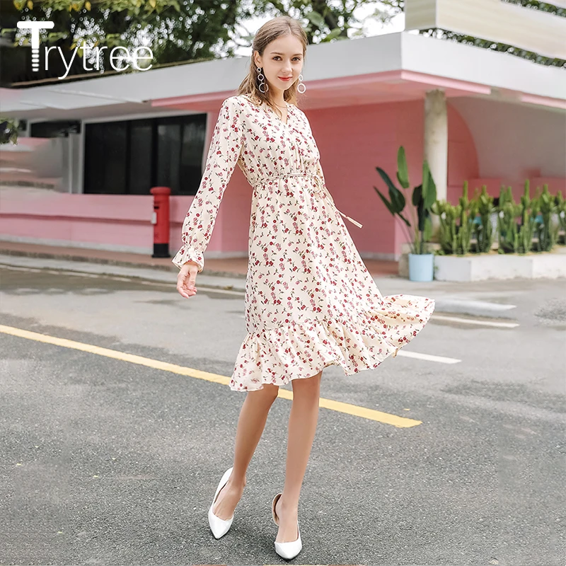 Trytree 2020 весеннее женское платье повседневное v образный вырез рукав фонарик а