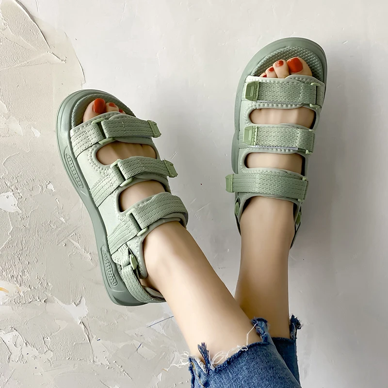 

All-Match Female Sandal 2021 Summer Black Shoes for Women Med Girls Beige Sports Outside Medium Comfort New Flat Fashion PU Soli