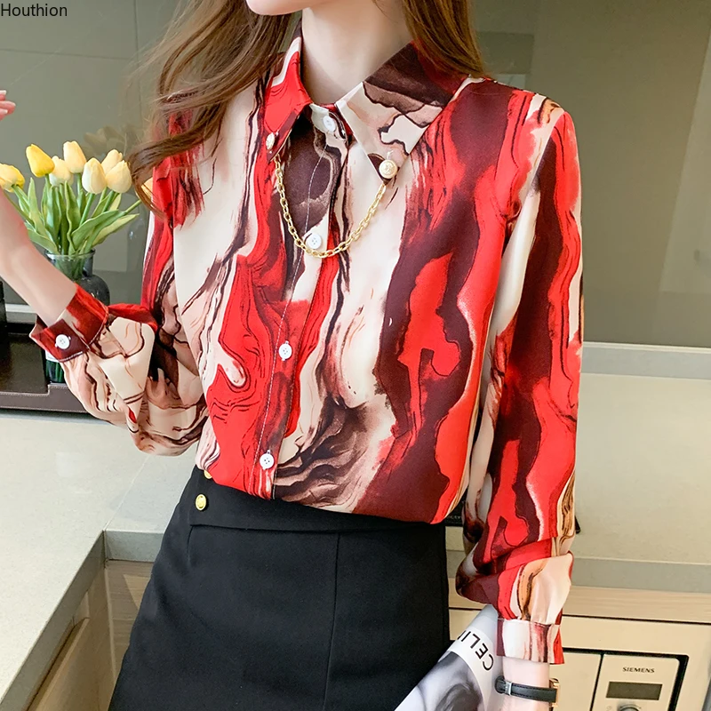 

Summer New Women's Blouses Polo Shirt Long Sleeve Top Printing Girl Chiffon Casual Fashion Loose Clothing Lady Houthion