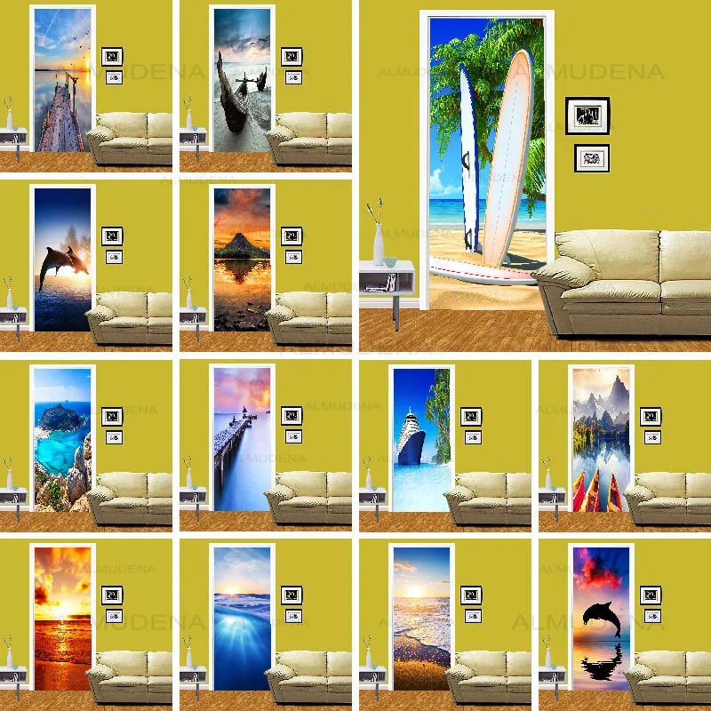 

Creative Door Sticker Pvc Waterproof Renovation Seaside Scenery Mural Self Adhesive Print Picture Diy Home Decor Wallpaper Decal