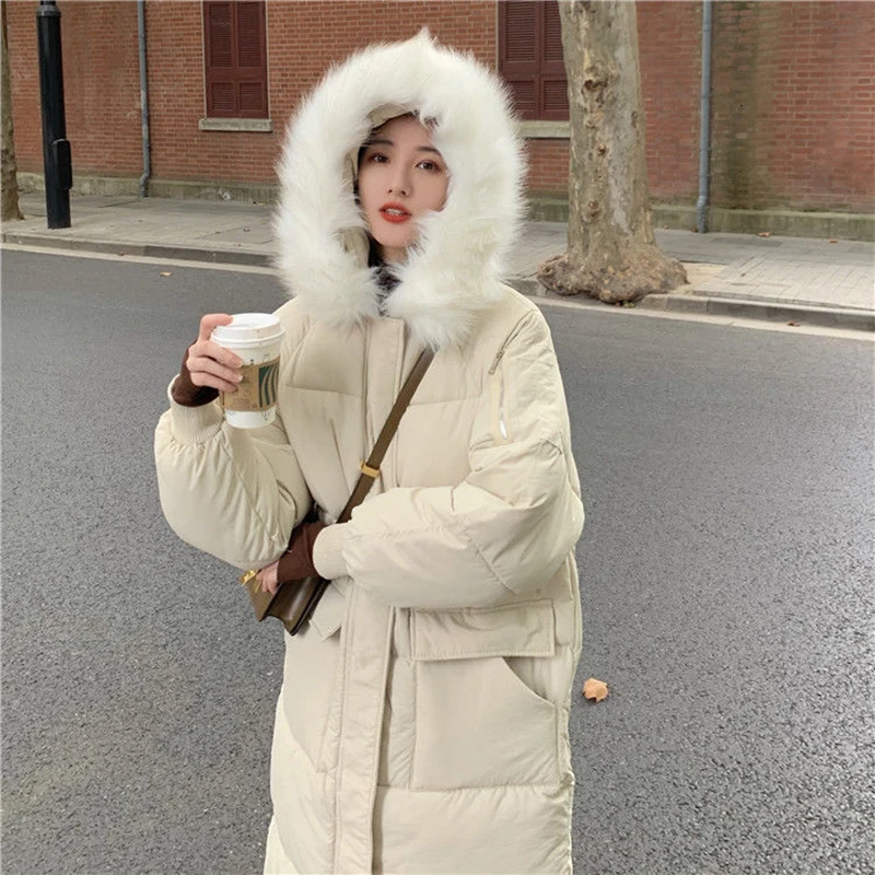 

Korean Long Thick Winter Coat Women Thickened Cotton Thicken Warm Casual Loose Padded Jacket Bread Fur Hooded Outerwear Parka