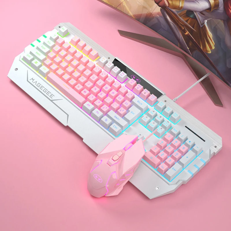 Розовая Механическая игровая клавиатура проводная USB для ПК геймеровского