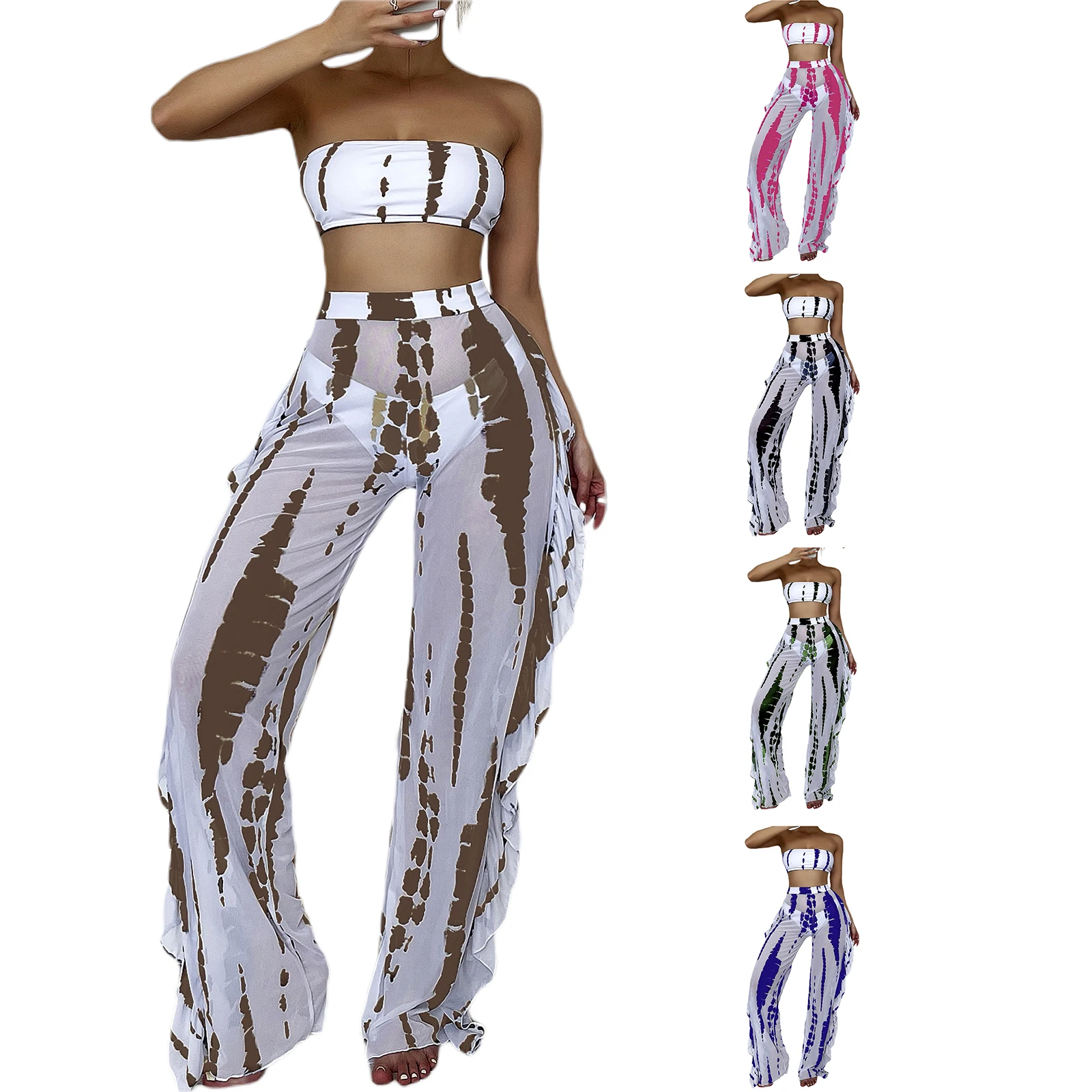 

Women's Three Piece Bikini Set Striped Tube Top Briefs Underpants with Long Pants Sunscreen Swimwear