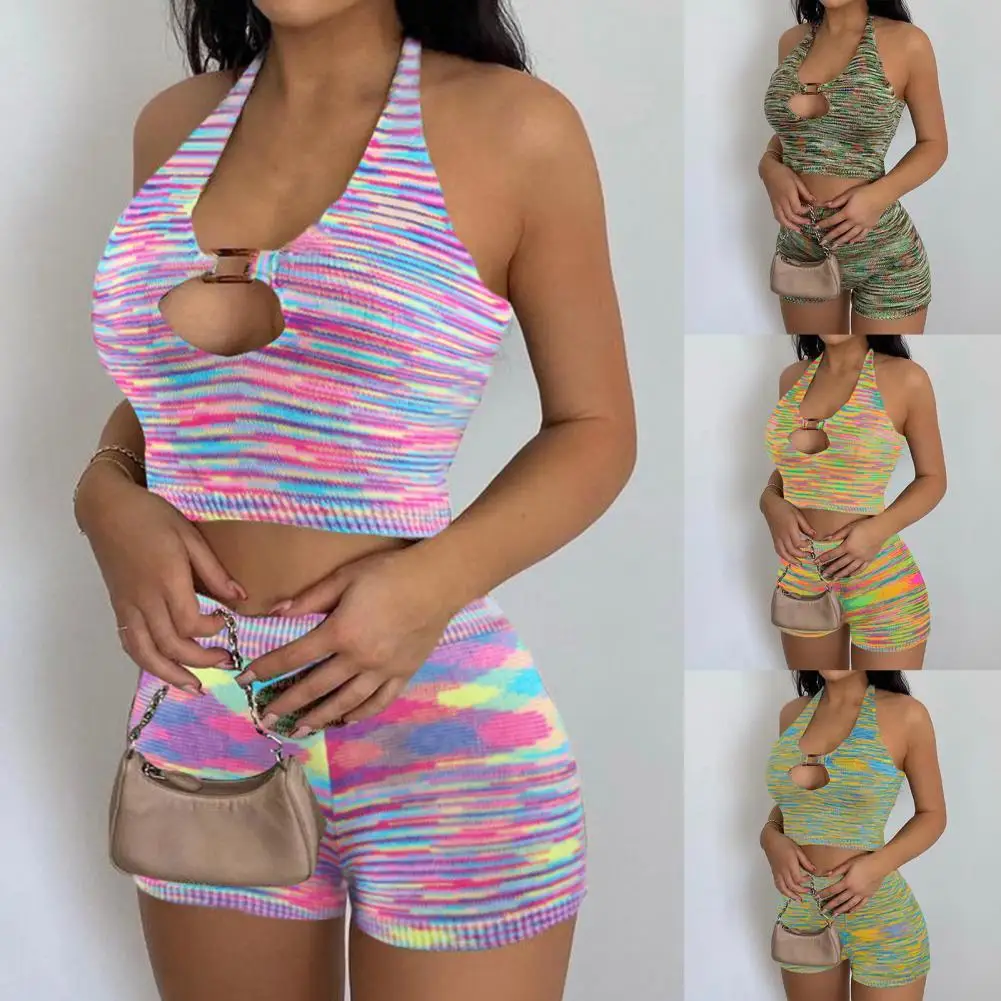 

Summer Women Outfit Colorful Knitted Summer Sleeveless Halter Crop Top Shorts Set Sleeveless Halter Two Piece Sets Streetwear