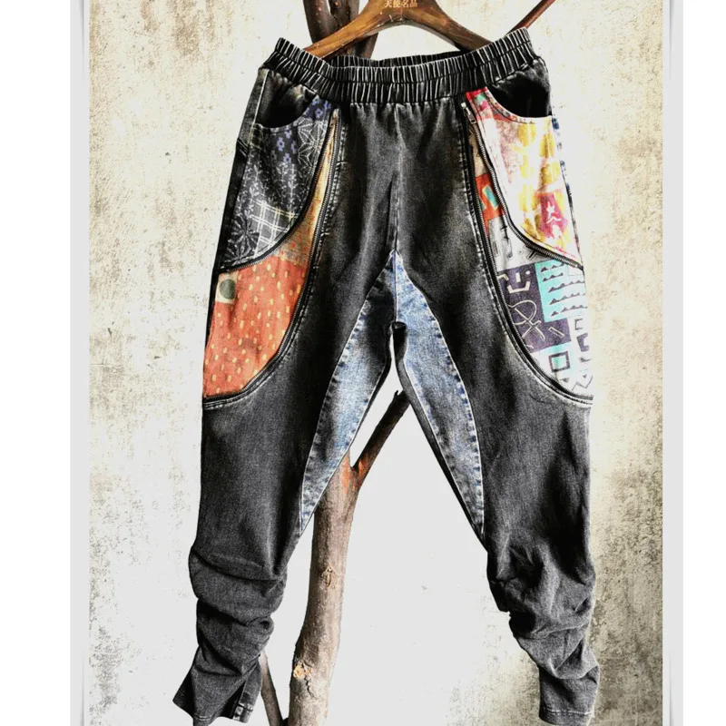

Женские винтажные джинсовые брюки QING MO, черные шаровары в стиле пэчворк с принтом, лето 2021