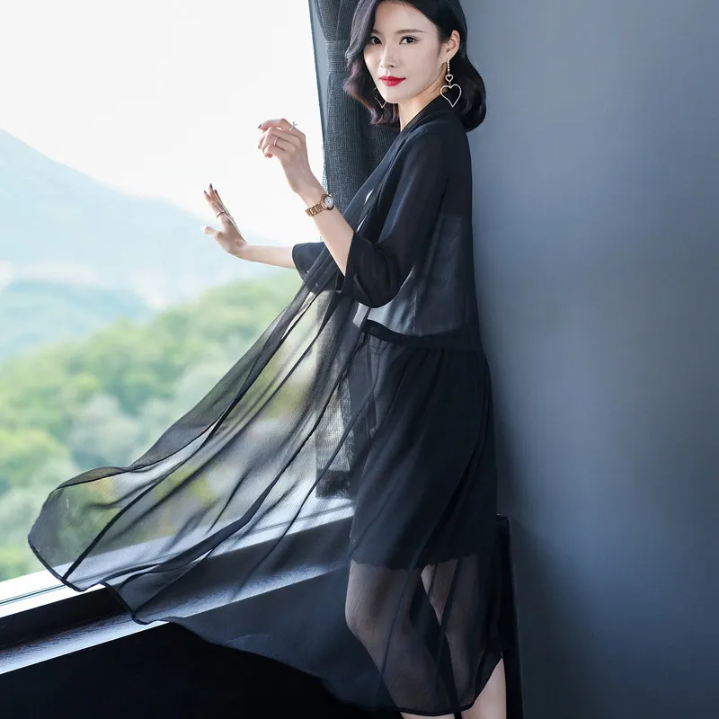 Женское Прозрачное кимоно кардиган белая черная Шифоновая туника размера плюс