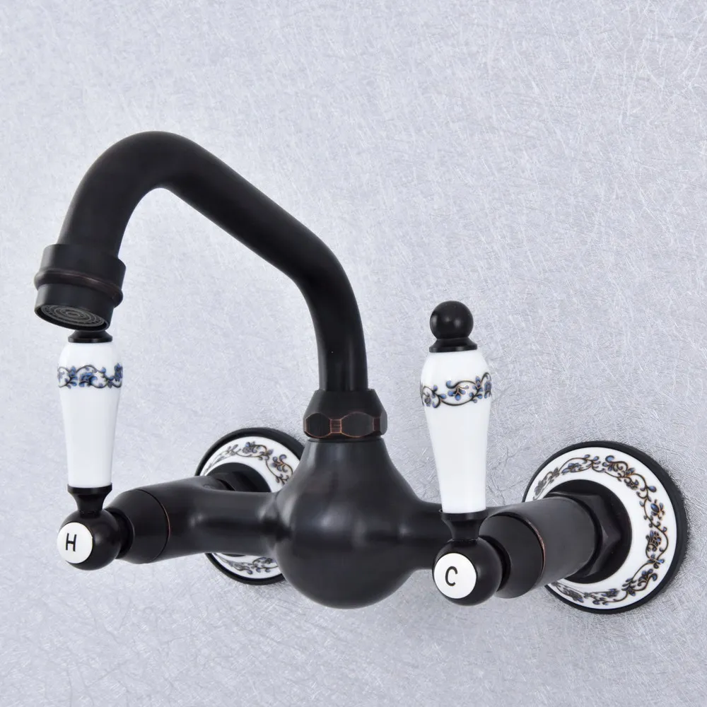 

Bathroom Black Bronze Faucet Wall Mounted Double Handle Swivel Spout Hot and Cold Mixer Faucet Nsf710