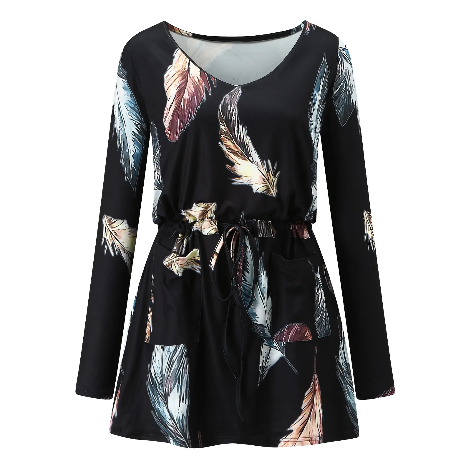 

Women Long Sleeves Dress Drawstring V-neck Feather Print Waist Dresses Autumn Mini Casual Dress Female Party Vestidos Robe Femme
