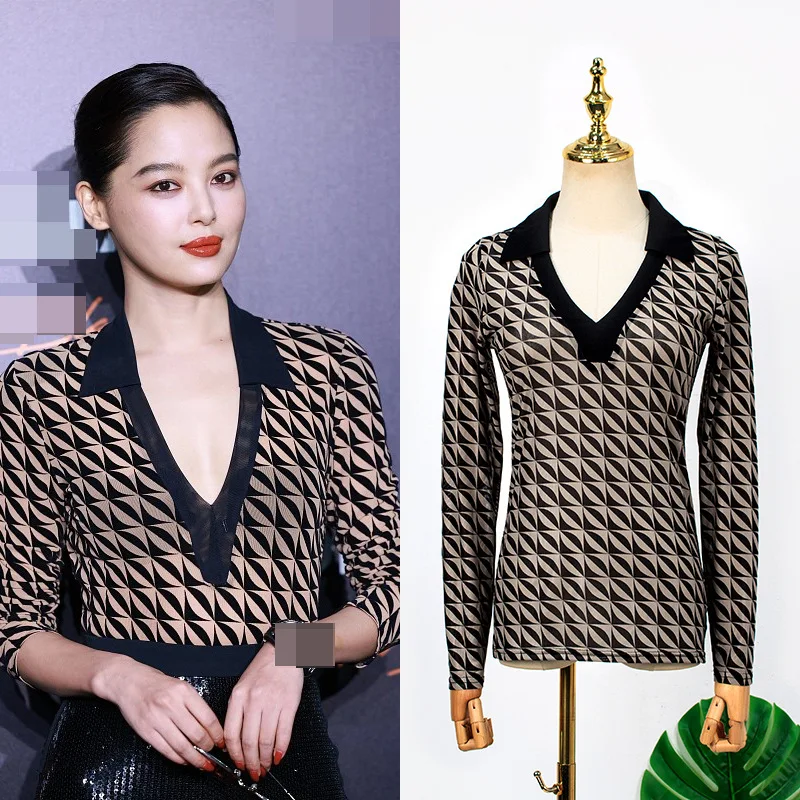 

Runway Sexy Deep V-Neck Sexy Long-Sleeved Slim Print Top 2022 Spring New Tide Vintage Long Sleeve T-Shirt Vestido Women Clothing